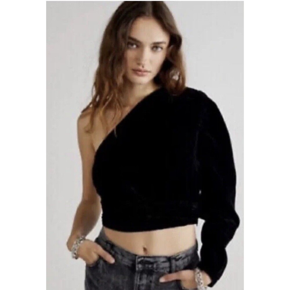 Free People Crop Top Tell Me About It Black Velvet One Shoulder Retro Small New